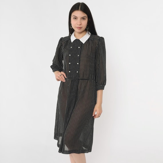 Vintage Black Sheer Polka Dot Dress 80s White Collar Puff Sleeve Double Breasted Button Up Midi 1980s Semi-Sheer Dark Academia Medium M