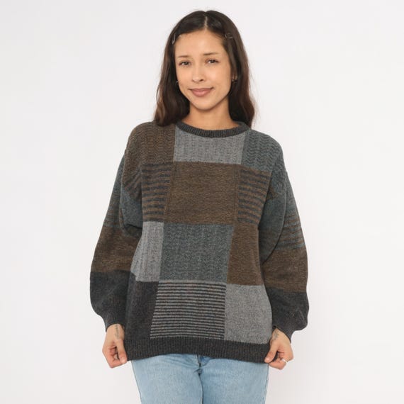 Patchwork Knit Sweater Brown Gray Charcoal Colorblock Pullover 90s Earth Tone Square Pattern Grandpacore Warm Cozy Jumper Vintage Medium M