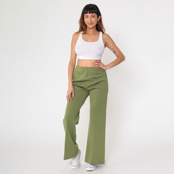 Vintage Green Wool Flared Pants 60s Zephyr Wool Trousers  High Rise Side Zip 1960s Made in Hong Kong Retro Minimalist Slacks Small S