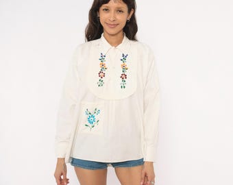 Blusa mexicana bordada estilo años 70, camisa floral de algodón con estampado de flores arcoíris, top campesino color crema, manga larga, estilo pradera, cottagecore, hippie, vintage, talla M