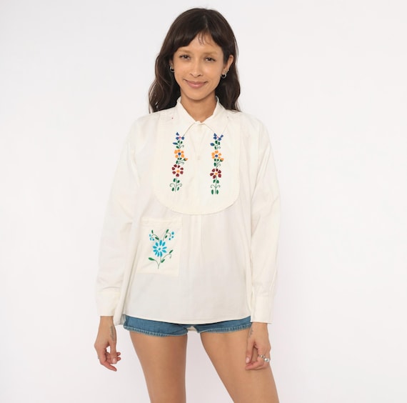 Embroidered Mexican Blouse 70s Floral Shirt Cotton Rainbow Flower Cream Peasant Top Long Sleeve Prairie Cottagecore Hippie Vintage Medium M