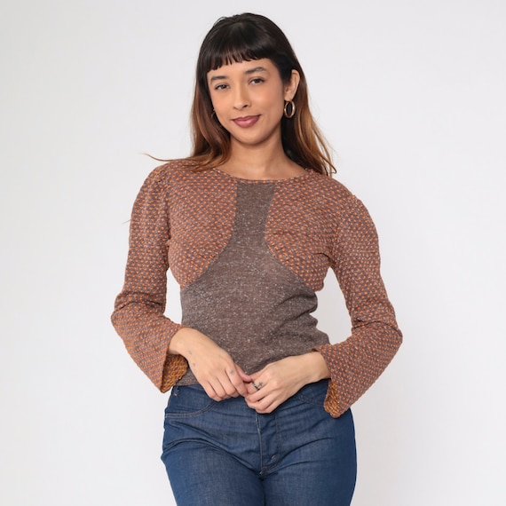 70s Sweater Top Brown Ribbed Knit Shirt Long Puff Sleeve Ditsy Floral Tiny Dot Print Blouse Retro Fall Boho Seventies Vintage 1970s Medium M