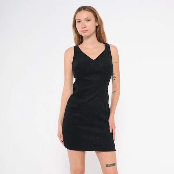 Glitter Mini Dress 90s Black Sparkle V Neck Sleeveless Bodycon Club Party Fitted Cocktail Going Out Shimmer Evening Vintage Extra Small XS