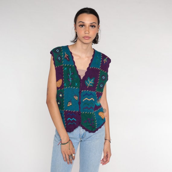 90s Sweater Vest Patchwork Leaf Print Button up K… - image 2