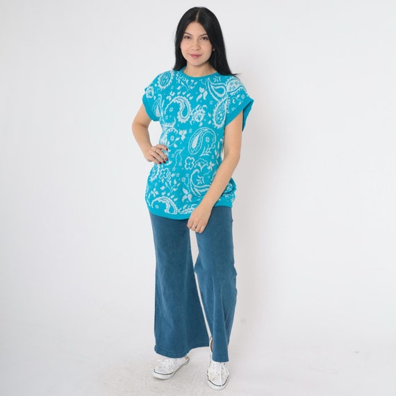80s Paisley Sweater Top Blue Floral Knit Short Sleeve Sweater Top Vintage 1980s Acrylic Knit Sweater Knitwear Medium M