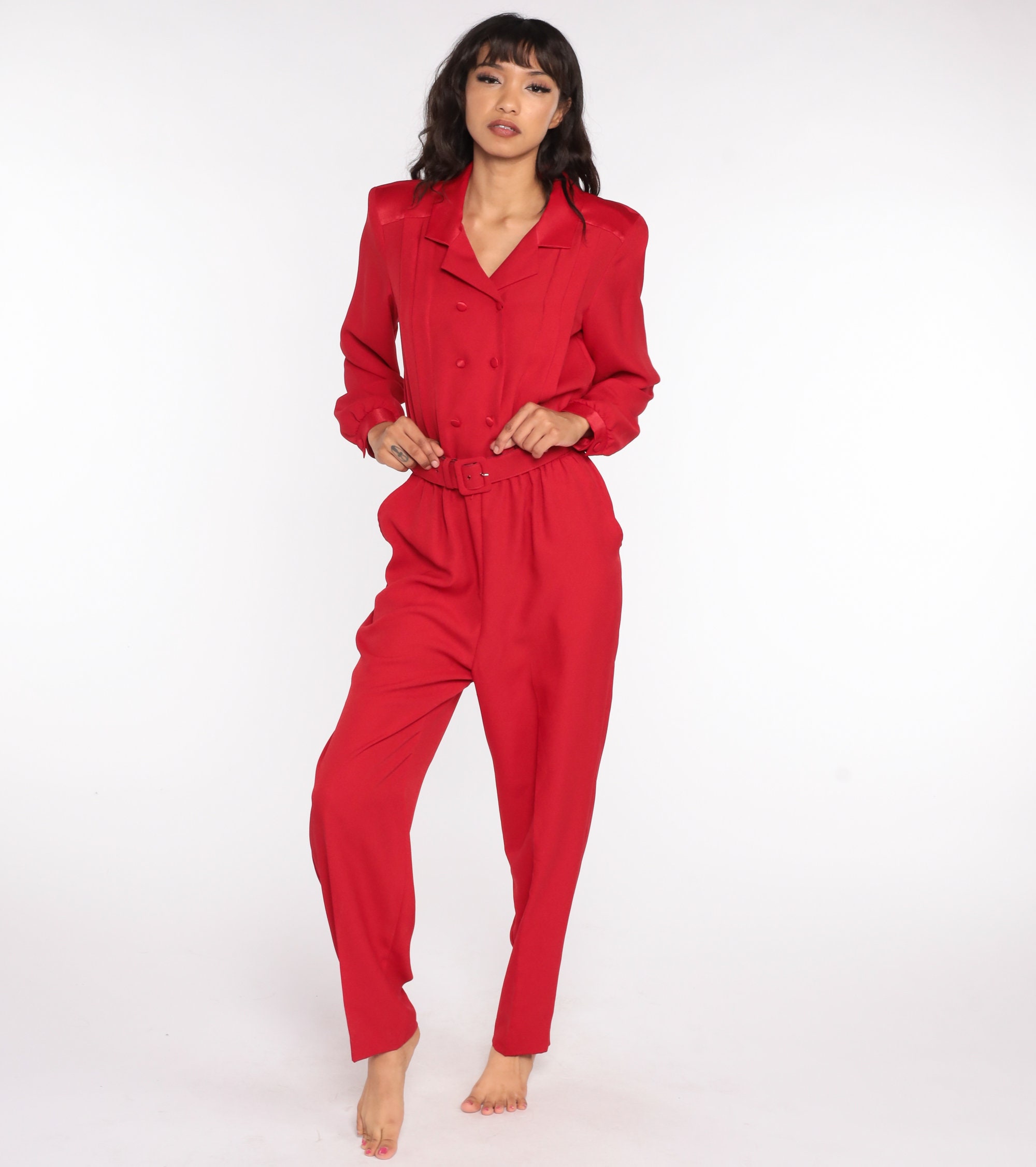 80s Jumpsuit Double Breasted Plain Red Red Tapered Pant Button Up High ...