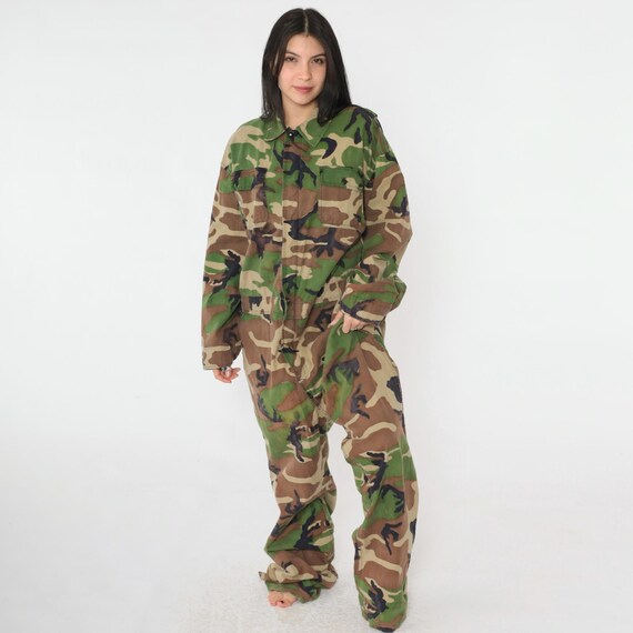 Vintage Camo Coveralls 80s Army Military Jumpsuit Camouflage Print Hunting Boilersuit One Piece Long Sleeve Caliber Men's Extra Large xl