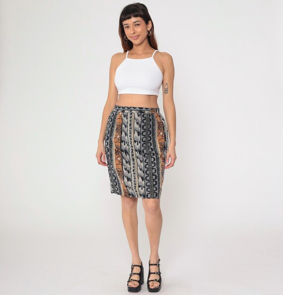 90s Geometric Striped Skirt High Waisted Mini Pencil Vintage Grey Black Tan Southwest 1990s Abstract Print Medium