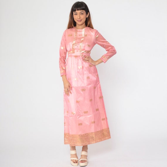 60s Organza Gown Pink Metallic Party Dress Gold Paisley Floral Embroidered Maxi Dress Long Sleeve High Waist Formal Vintage 1960s Small S