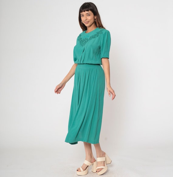 Vintage Green Embroidered Dress 80s Lace Karin Stevens Midi Dress Pleated Short Puff Sleeve Button Back Dress 1980s Rayon Dress Medium