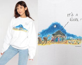 Nativity Sweatshirt Y2K It's A Girl Shirt Funny Jesus Manger Graphic Feminist Joke Sweater Christian Humor Retro Vintage 00s Crewneck Large