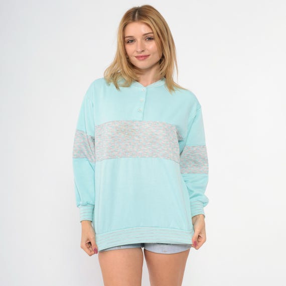 Vintage Polka Dot Sweatshirt 80s Mint Blue Grey Henley Button Neck Color Block Pullover 1980s Polo Sweatshirt Loungewear Athleisure Medium