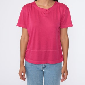 Hot Pink Shirt 80s Plain Tshirt Deep Pink Retro Polo Button Up Collarless T Shirt 90s Vintage Short Sleeve Medium image 5
