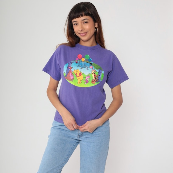 Winnie the Pooh Shirt 90s Disney Purple Balloon Scene Vintage Tigger Piglet Eeyore Kanga Roo Hundred Acre Wood Character Graphic Tee Small S