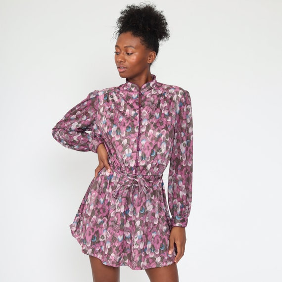 Feather Print Dress Mini 70s Boho Purple Button Up Long PUFF SLEEVE Dress Mandarin Collar Vintage High Waist Bohemian Medium Large