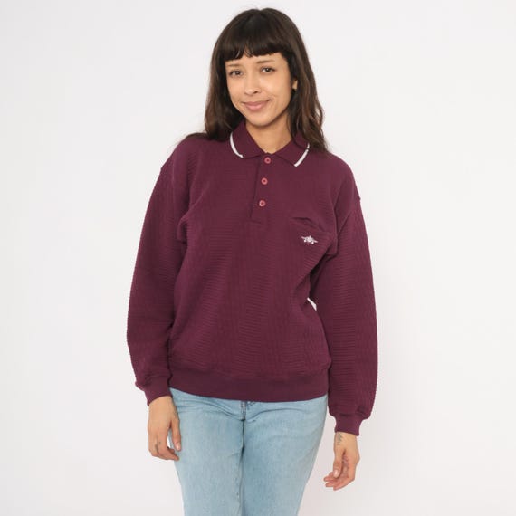 80s Plum Polo Sweater Textured Knit White Tipped Collar Button Front Long Sleeve Pullover Burgundy Wine Vintage Grandpa Top Medium M
