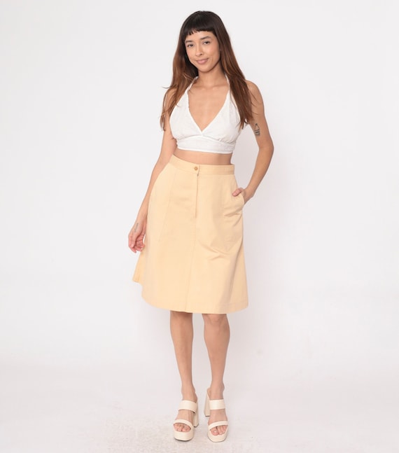 70s Midi Skirt Tan Structed Pocket Boho Skirt High Waisted Bohemian Skirt A LINE Skirt Aline Plain Boho Retro 1970s Vintage Small S