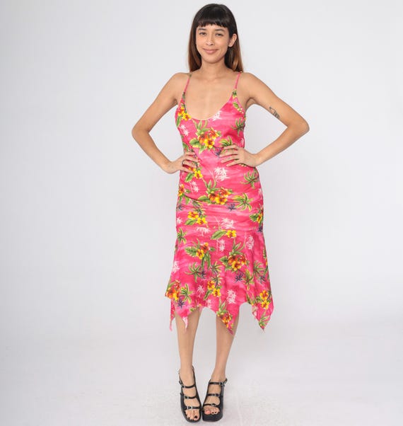 Y2K Pink Floral Sundress Tropical Midi Dress Tight Bodycon Hanky Hem Hibiscus Flower Print Aloha Summer Spaghetti Strap Vintage 00s Small