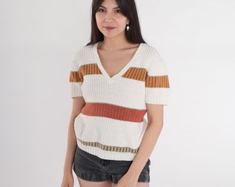 Gestreiftes Pullover Top 80er Jahre Strukturstrick Shirt Orange Rot Olivgrün V Ausschnitt Kurzarm Pullover 1980er Jahre Vintage Strickbluse Strickzeug Kleine