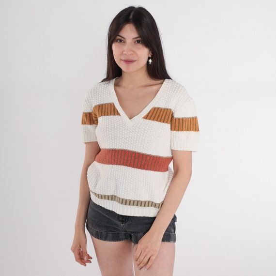 Striped Sweater Top 80s Textured Knit Shirt Orange Red Olive Green V Neck Short Sleeve Sweater 1980s Vintage Knitted Blouse Knitwear Small