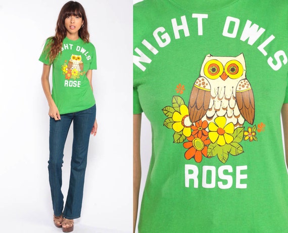 Night Owl Shirt 70s TShirt NIGHT OWLS ROSE T Shirt Graphic Tee Hippie Boho Retro Vintage 1970s Bohemian Shirt Green Extra Small xs