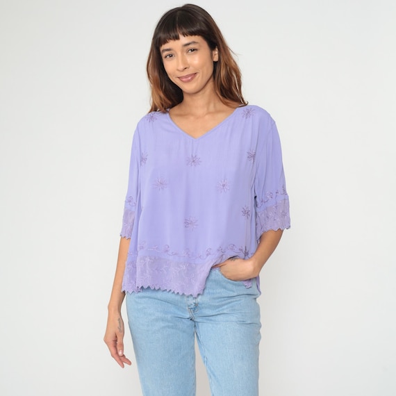 Lavender Embroidered Blouse 90s Purple Star Pattern Short Sleeve Rayon Cotton Vintage Cottagecore Fairycore Top Extra Large XL