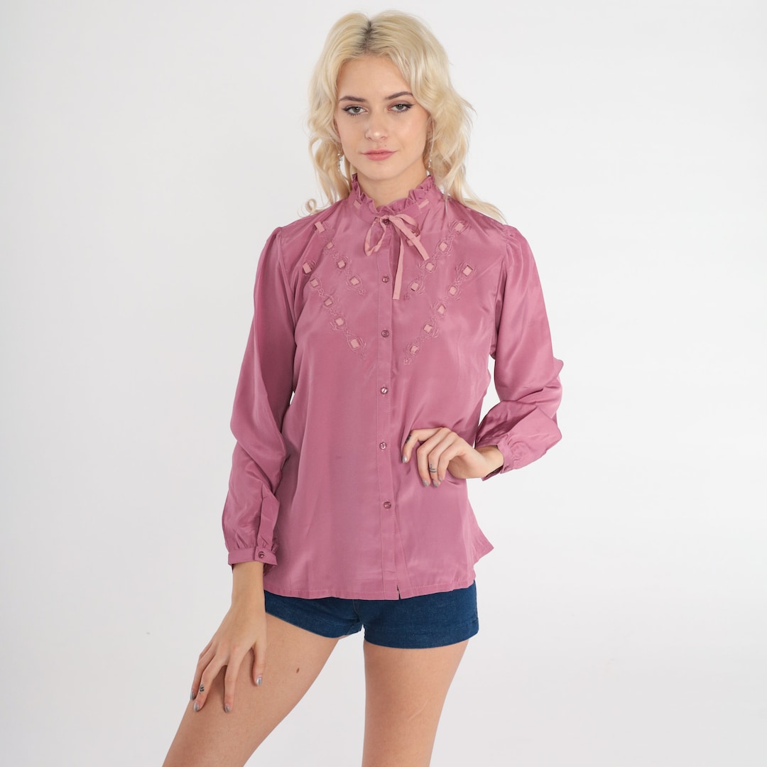80s Bow Neck Blouse Dusty Rose Pink Shirt Ruffle Neck Secretary