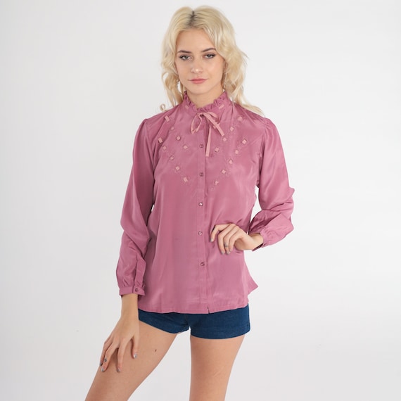 80s Bow Neck Blouse Dusty Rose Pink Shirt Ruffle Neck Secretary Blouse Long Sleeve Top Ascot Top Button Up Vintage Long Sleeve Shirt Small S