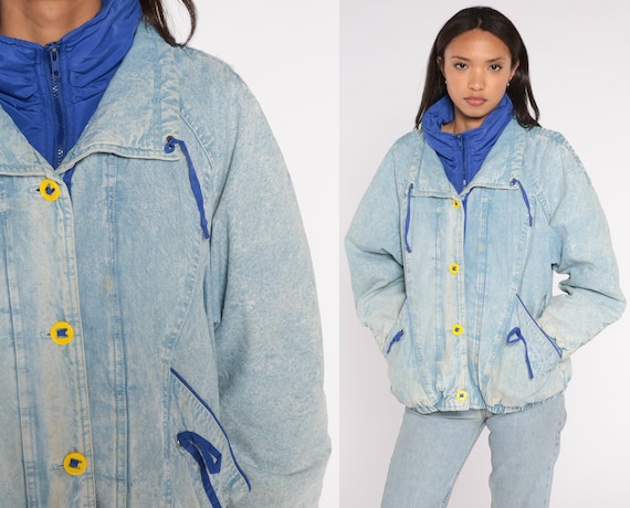 90s Denim Jacket Winter Puffer Jacket 80s ACID WASH Jean Jacket Vintage Funnel Neck Ski Bomber Button Up Blue 1990s Oversized Small S