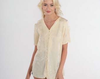Cream Silk Blouse 90s Floral Embossed Button Up Top Short Sleeve V Neck Shirt High Side Retro Bohemian Summer Beachy Vintage 1990s Small S