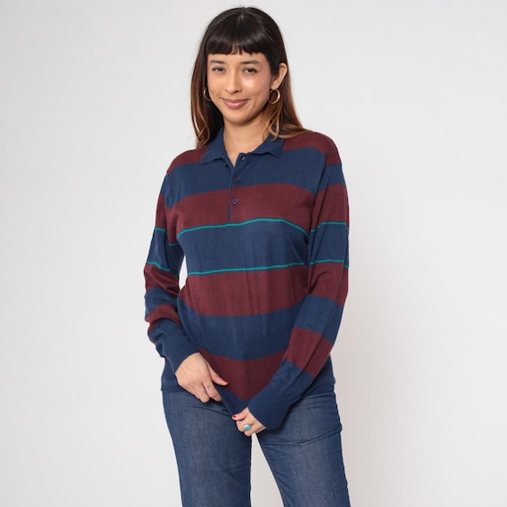Vintage Striped Polo Sweater Navy Blue Burgundy Pullover Sweater 80s Knit Slouchy Pullover Button Up Collared 1980s Small Medium