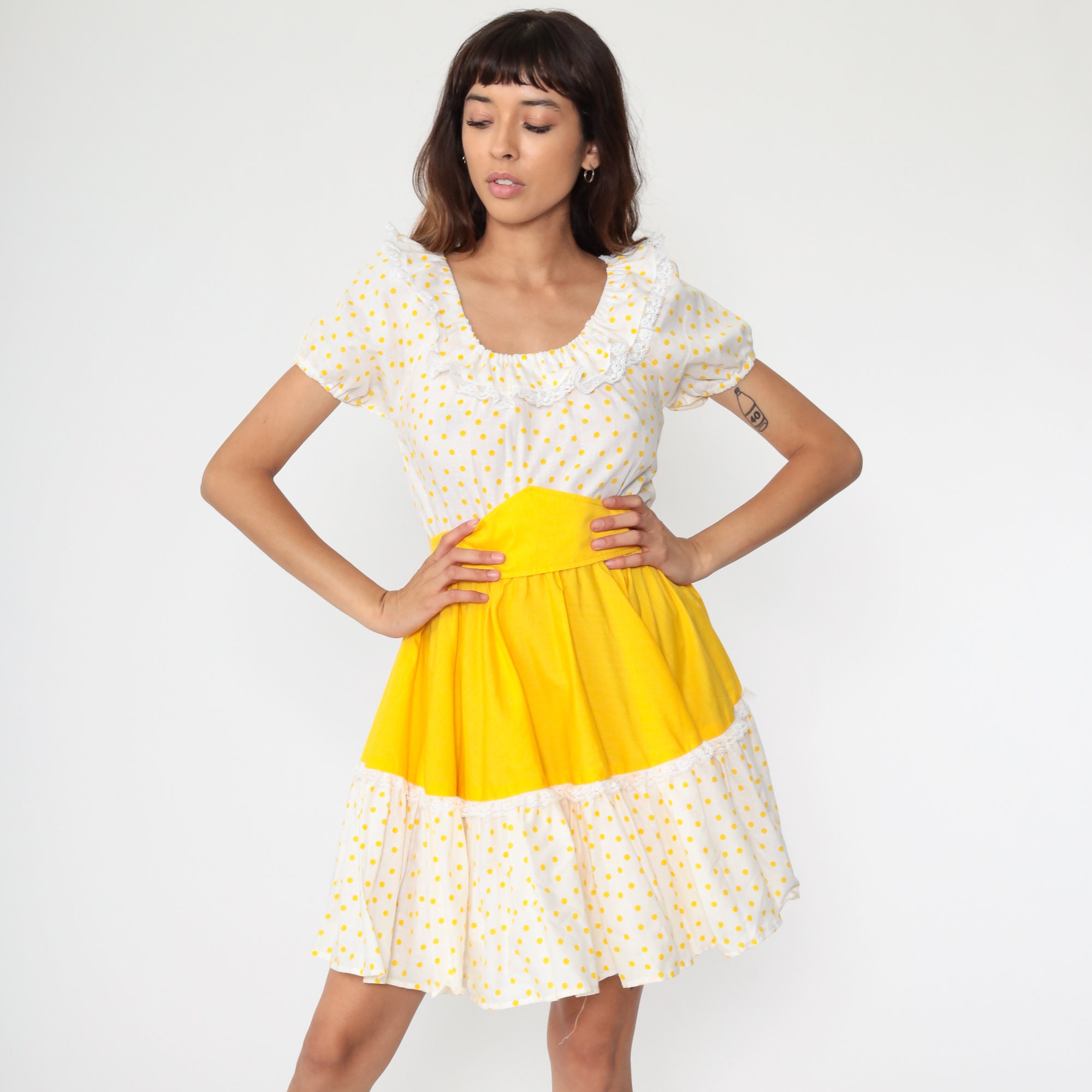 Yellow Peasant Dress Polka Dot Dress Cottagecore Country Dance | Etsy