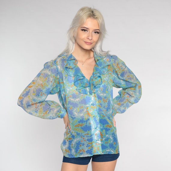 70s Ruffle Blouse Semi-Sheer Paisley Floral Deer … - image 5