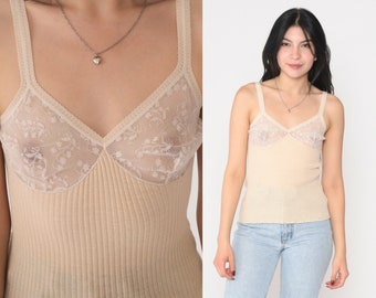 Sheer Lace Tank Top Y2K Beige Ribbed Camisole See-Through Lingerie Cami Shirt Boho Festival Going Out Intimates Vintage 00s Small Medium