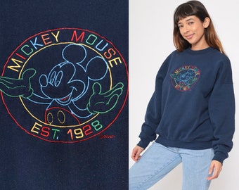 90s Mickey Mouse Sweatshirt Navy Blue Disney Sweater Embroidered Mickey Unlimited Shirt Cartoon Crewneck Vintage Retro 1990s Extra Large xl