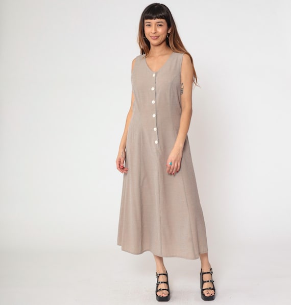 Taupe Maxi Dress 90s Kathie Lee Button Up V Neck Sleeveless Lace Up Back A Line Micro Check Minimalist Rayon Blend Summer Day Dress Medium M
