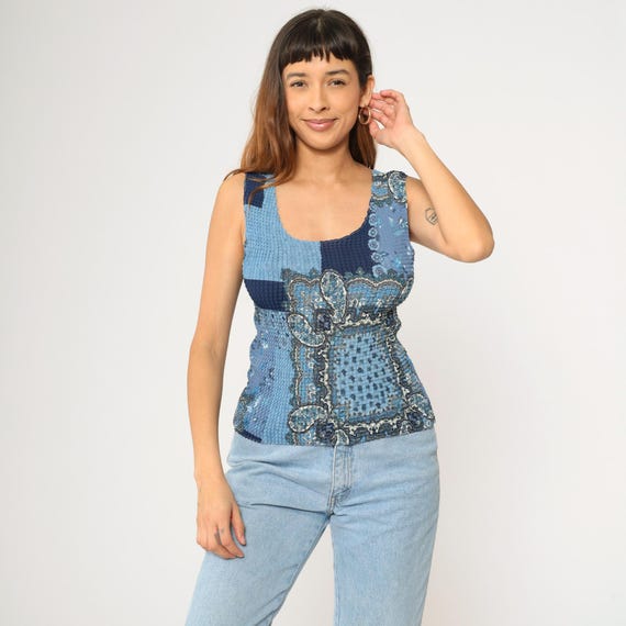 Y2K Paisley Patchwork Tank Top Vintage Blue Crinkle Textured Fitted Sleeveless Stretch Festival Boho 2000s Large L