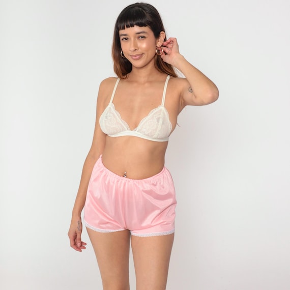 Vintage 80s Pink Nylon Pajama Shorts Lace Trim Boyshorts Lounge Sleepwear Shorts Silky Pastel 1980s Pin Up Small S