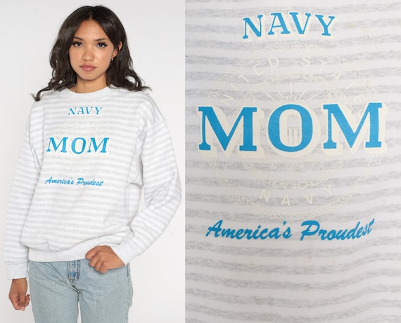 Navy Mom Sweatshirt 90s Americas Proudest Shirt US Parent Armed Forces USA Striped Crewneck Gift Top Pullover Grey White Vintage 1990s Large