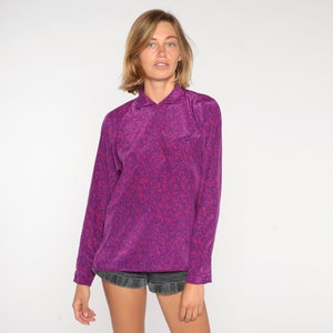 Purple Blouse 80s 90s Abstract Print Shirt Long Sleeve Collared Top Retro Secretary Blouse Modest Professional Preppy Pink Vintage Small S 4
