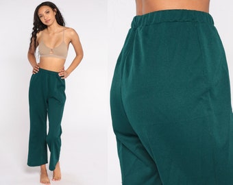 Green Bell Bottom Pants 70s Green High Waisted Trousers Boho Flared Polyester 1970s High Waist Hippie Vintage Bohemian Small Medium