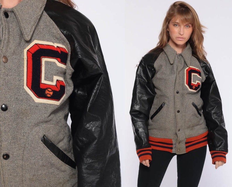 Grey Letterman Jacket Varsity Jacket WOOL Jacket 70s Football Coat C Faux Leather Coach Jacket College Sports Vintage Extra Small xs s image 1