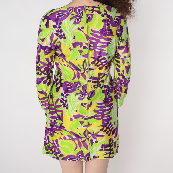 60s Mini Dress Mod Green Purple Psychedelic Dress… - image 9
