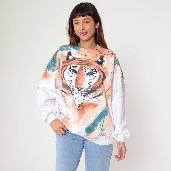 Vintage Hand-Painted Tiger Sweatshirt 80s Metallic Animal Print Jumper White Graphic Sweater 1980s Glitter Slouch Shirt 90s Kawaii Large L