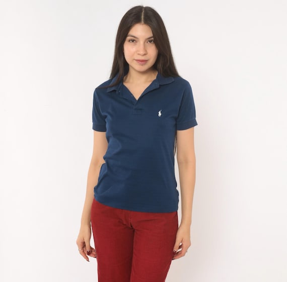 90s Ralph Lauren Polo Navy Blue Cotton Short Sleeve Collared V Neck Shirt Preppy Collegiate Sporty Tee White Logo  Extra Small XS
