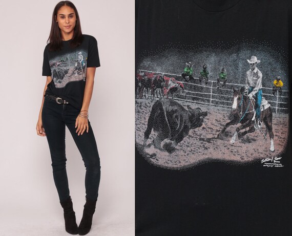 Cowboy Shirt Horse Rodeo Shirt Graphic Tshirt Bull Animal T Shirt 80s Screen Print Top 90s Vintage Retro Tee Black Medium