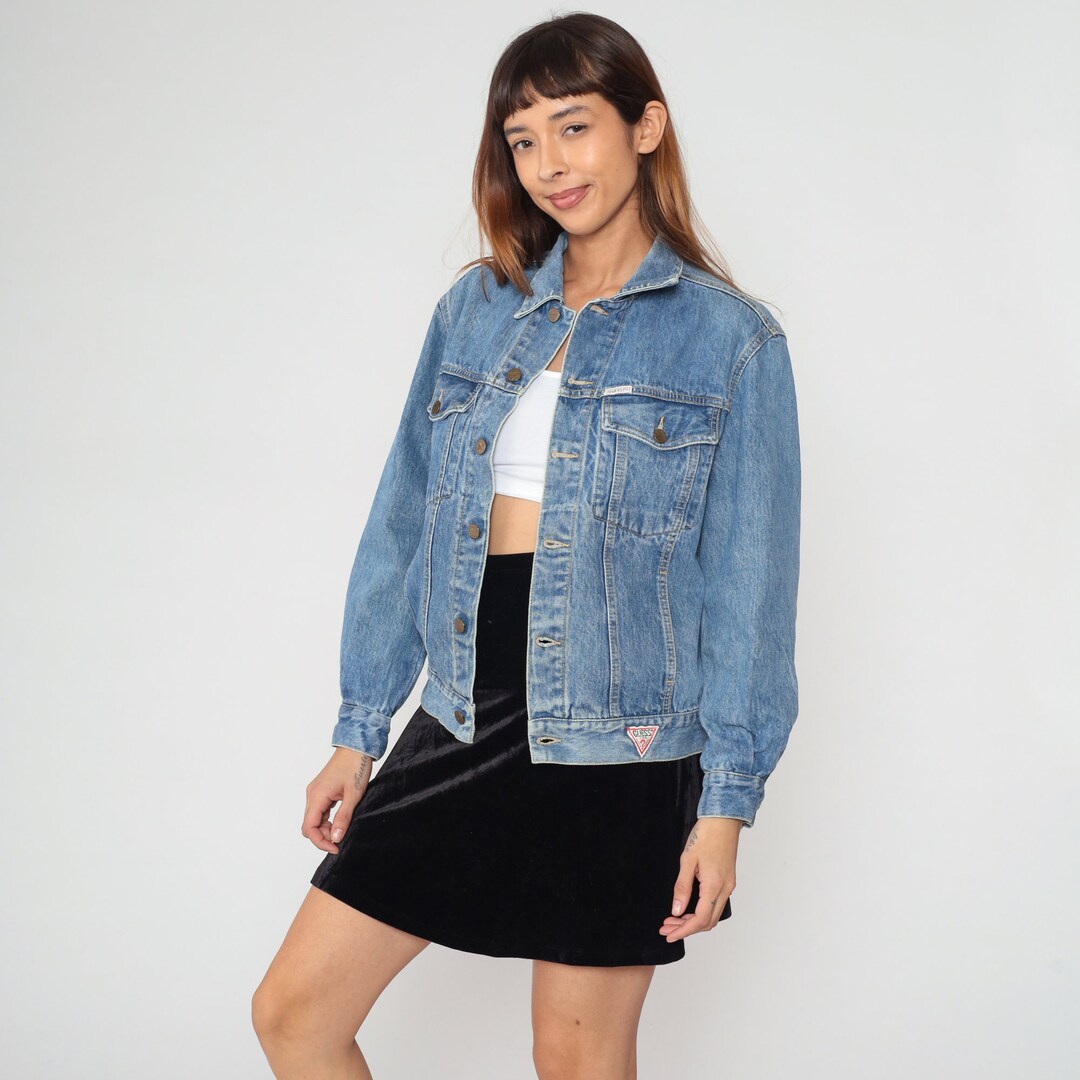 GUESSジージャン Guess Jean Jacket 90s Denim Jacket Blue Biker Trucker Button