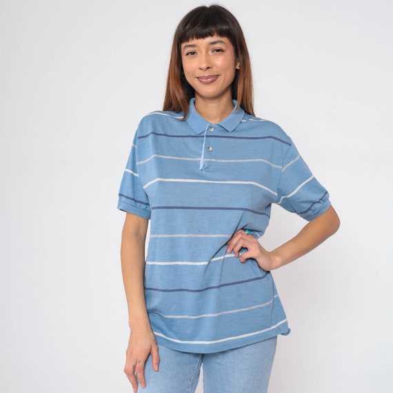 Blue Striped Polo Shirt 80s Collared T-shirt Retro Quarter Button Up Preppy Basic Casual Streetwear Vintage 1980s Medium Large