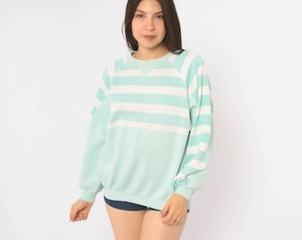 80s Mint Green Striped Sweatshirt Raglan Crew Neck White Pullover Teal Pastel Preppy Slouchy Ribbed Cuff Normcore Long Sleeve Top Medium M