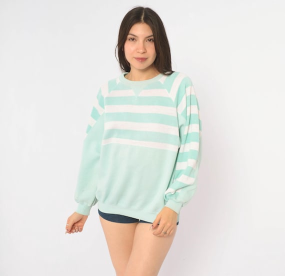 80s Mint Green Striped Sweatshirt Raglan Crew Neck White Pullover Teal Pastel Preppy Slouchy Ribbed Cuff Normcore Long Sleeve Top Medium M